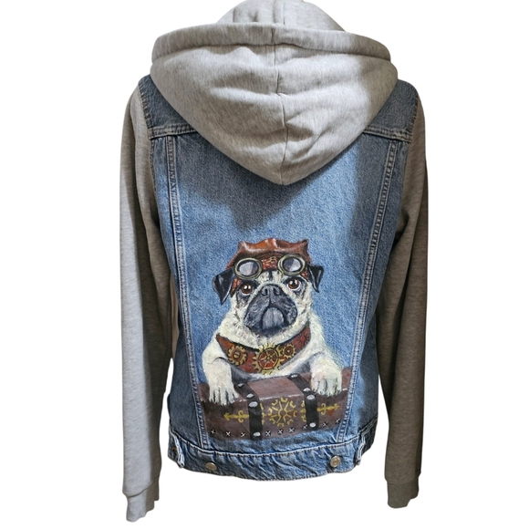 Steampunk Pug Dog Handpainted On a Hooded Denim Jean Jacket. - Picture 1 of 5